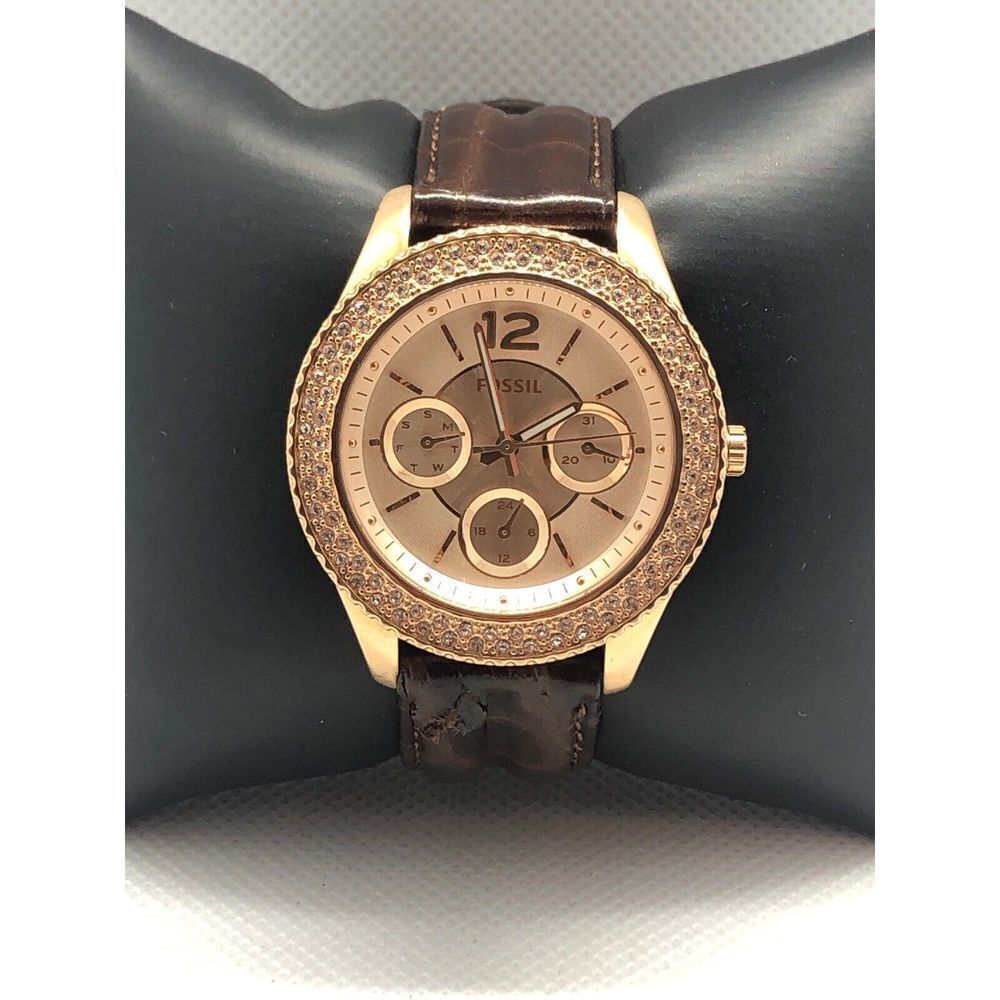 Fossil ES3590 Womens Brown Leather Analog Rose Gold Quartz Dial Wrist Watch LJ58